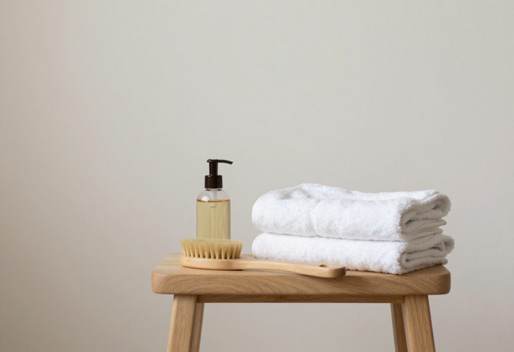 Body care essentials including a dry brush, body oil, and towel on a wooden stool in a bright bathroom.
