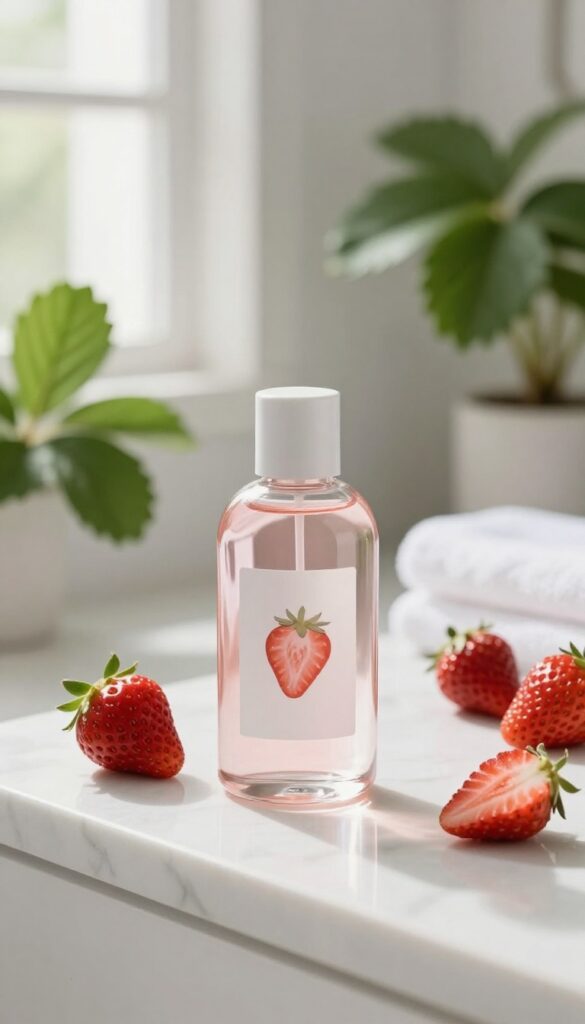 Strawberry body spray on bathroom counter with fresh strawberries