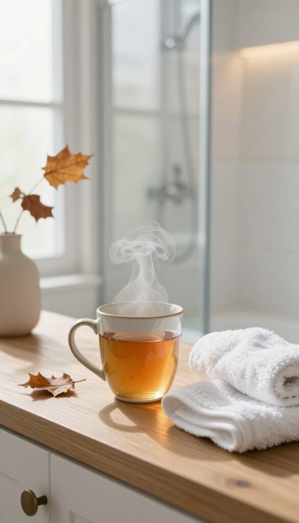 Cozy bathroom with a steaming mug of spiced apple cider on a wooden countertop, fluffy towel, and autumn leaves, soft natural light.