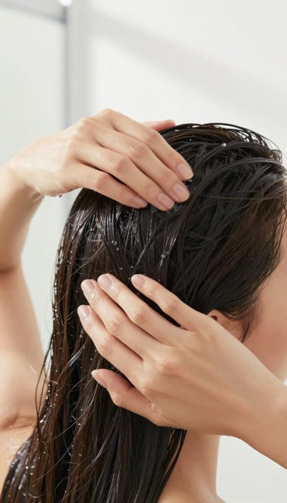 Woman applying shampoo to scalp only in shower