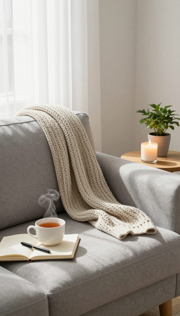 Cozy sanctuary corner with blanket, candle, plant, mug, and journal in soft natural light