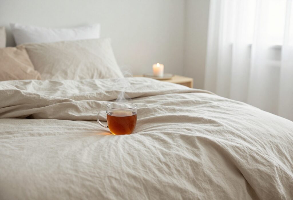 Cozy bedroom with tea and candle for a reset day