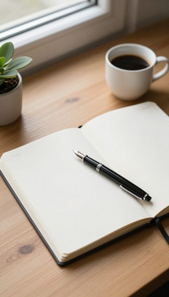 Open notebook on desk with pen, plant, and coffee, bright natural light