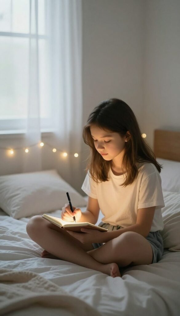 Teenage girl reflecting in her cozy bedroom at night with a notebook, surrounded by fairy lights and soft bedding.