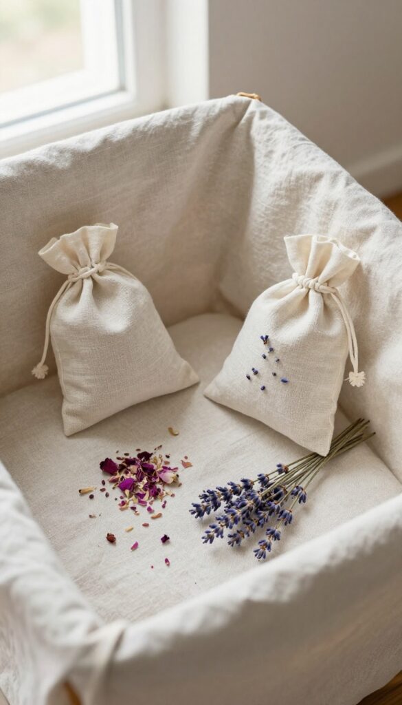 A scented sachet with dried lavender and rose petals in a self-care basket, flat lay, natural light.