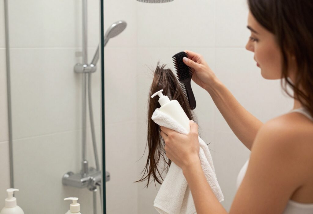 Woman in shower with hair care essentials including microfiber towel, shampoo, and scalp massager