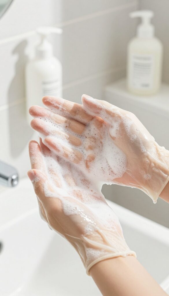 Exfoliating gloves in a shower with soapy foam and soft natural light