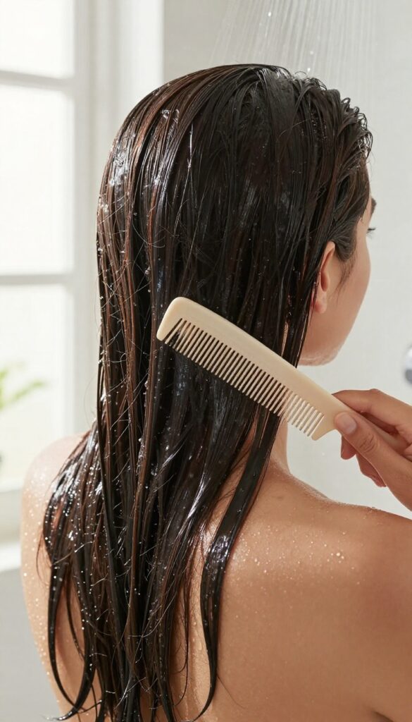 Woman detangling wet hair with a wide-tooth comb in the shower