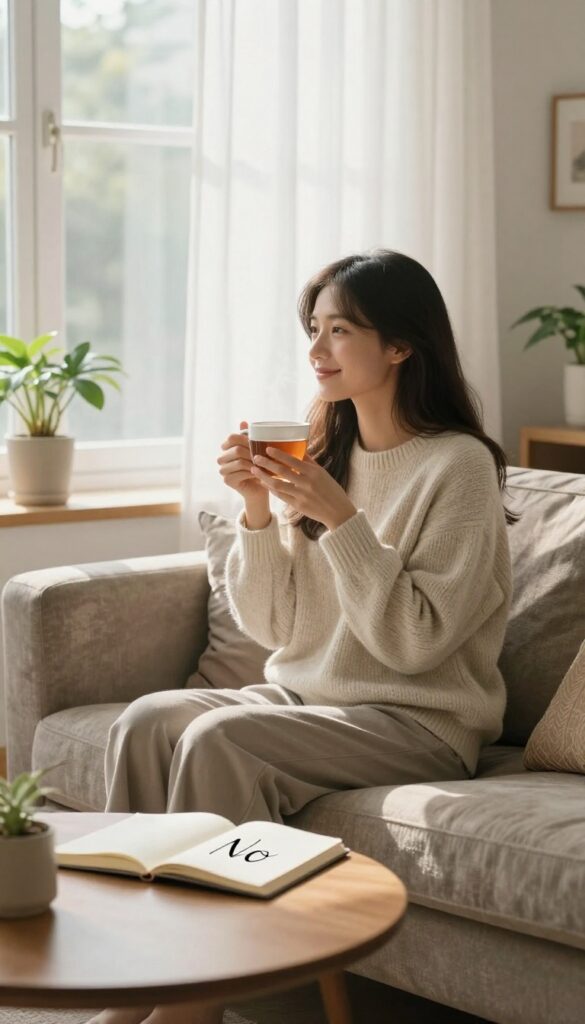 Woman relaxing on sofa saying no to obligations, self care concept