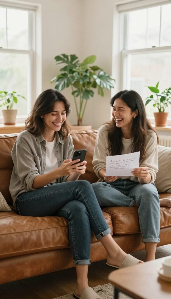 Two friends connecting through a phone call and a handwritten letter in a bright, cozy living room