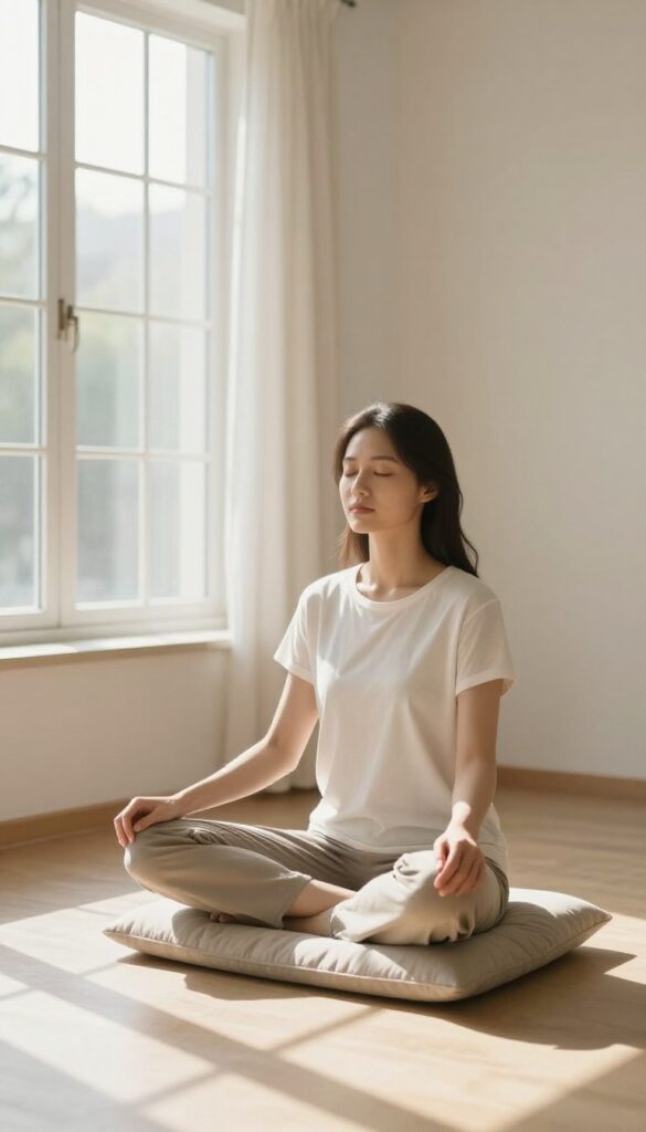 Woman practicing breathwork in a peaceful sunlit room