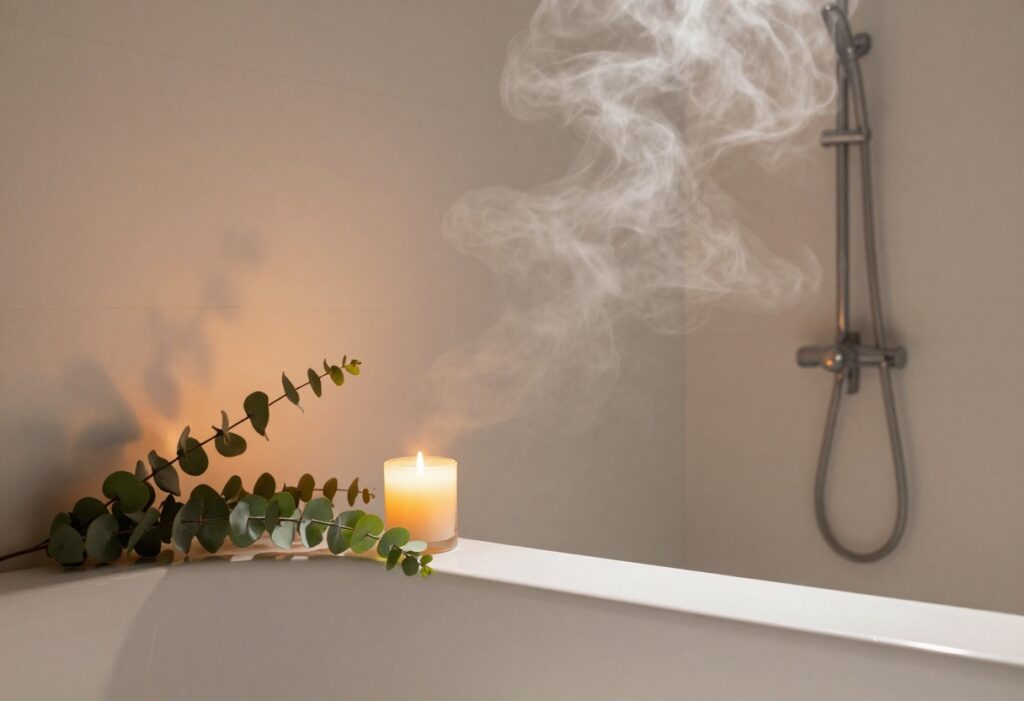 A peaceful bathroom with candles and steam from a shower, creating a spa-like atmosphere.