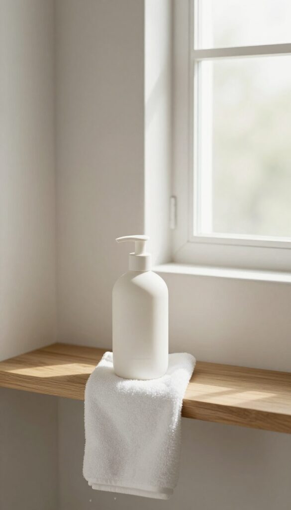 Minimalist bathroom with a single white bottle on a wooden shelf, soft natural light, clean and calm atmosphere