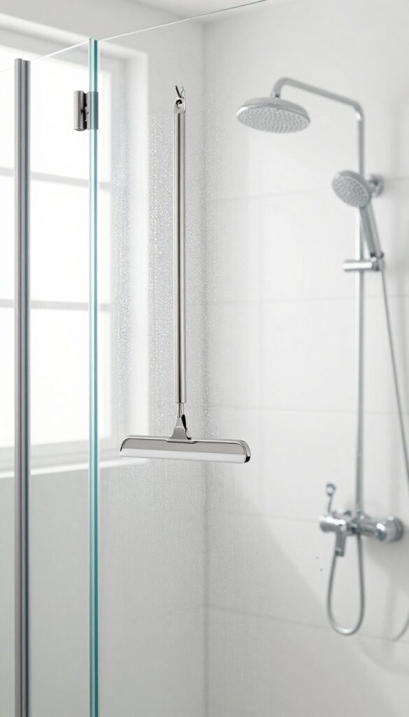 A squeegee hanging on a glass shower door in a bright, clean bathroom