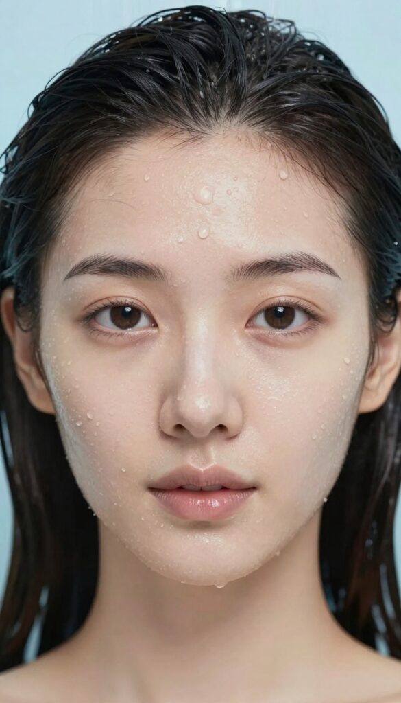 Woman after shower with cool water rinse, wet skin and hair, fresh and refreshed