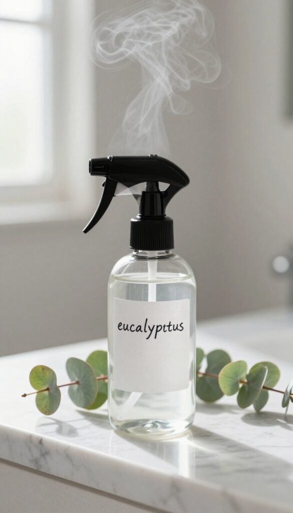 Eucalyptus shower spray bottle on marble countertop with fresh eucalyptus sprigs and steam from a running shower in the background