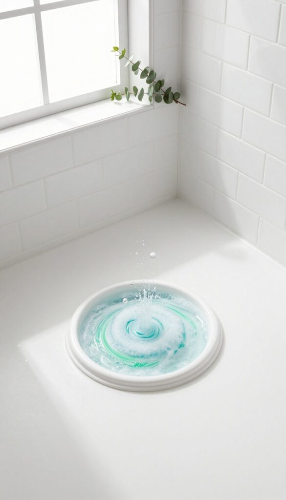 A shower steamer fizzing on a wet shower floor with eucalyptus and steam in a bright bathroom