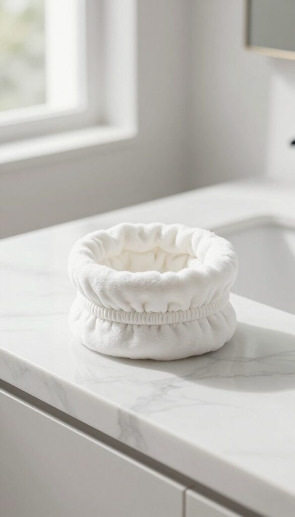 Shower cap with cotton lining on marble countertop next to hair conditioner jar