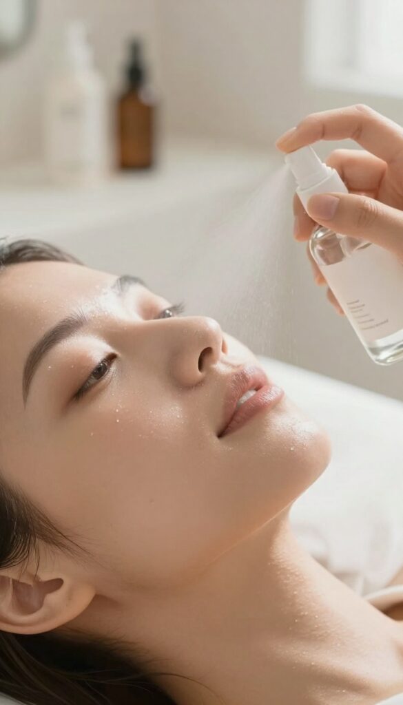 Woman spritzing calming face mist after shower, damp skin, soft natural light, clean bathroom counter