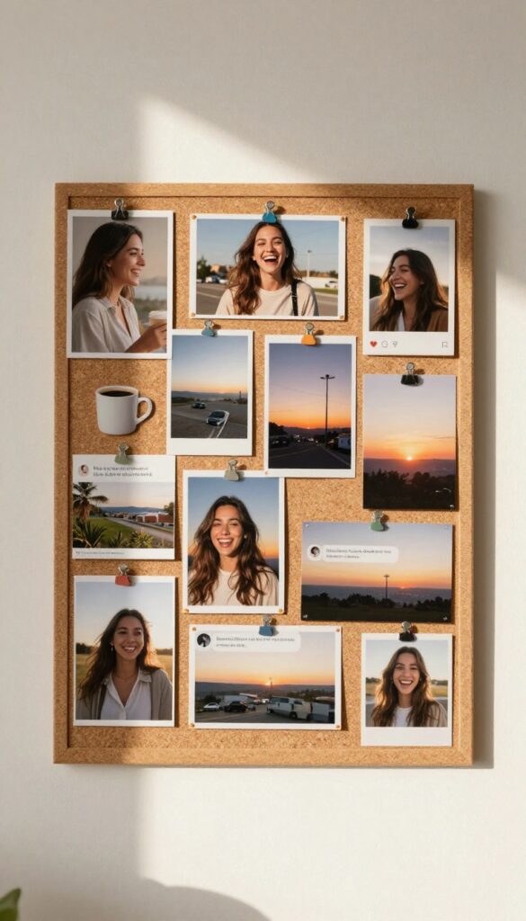 A gratitude gallery collage on a corkboard with photos of friends, coffee, sunset, and kind messages, in soft natural light.