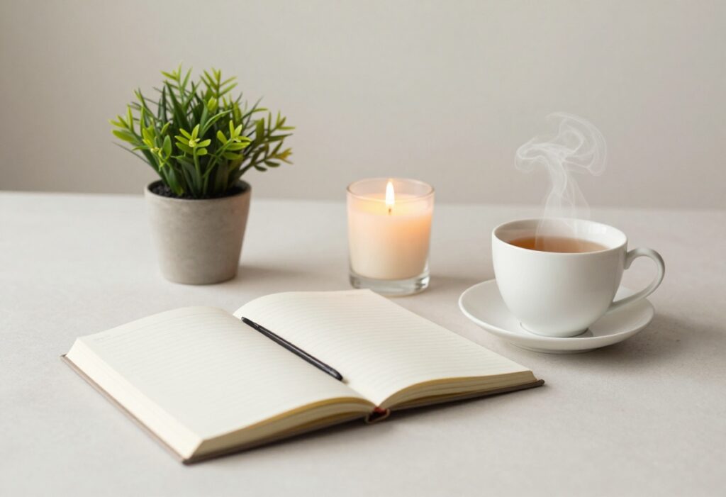 Flat lay of self-care items including a journal, tea, candle, and plant on a neutral background