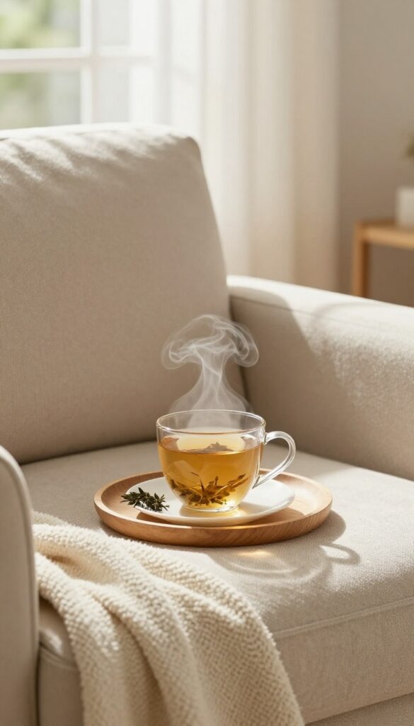 Cozy evening self-care ritual with tea and blanket