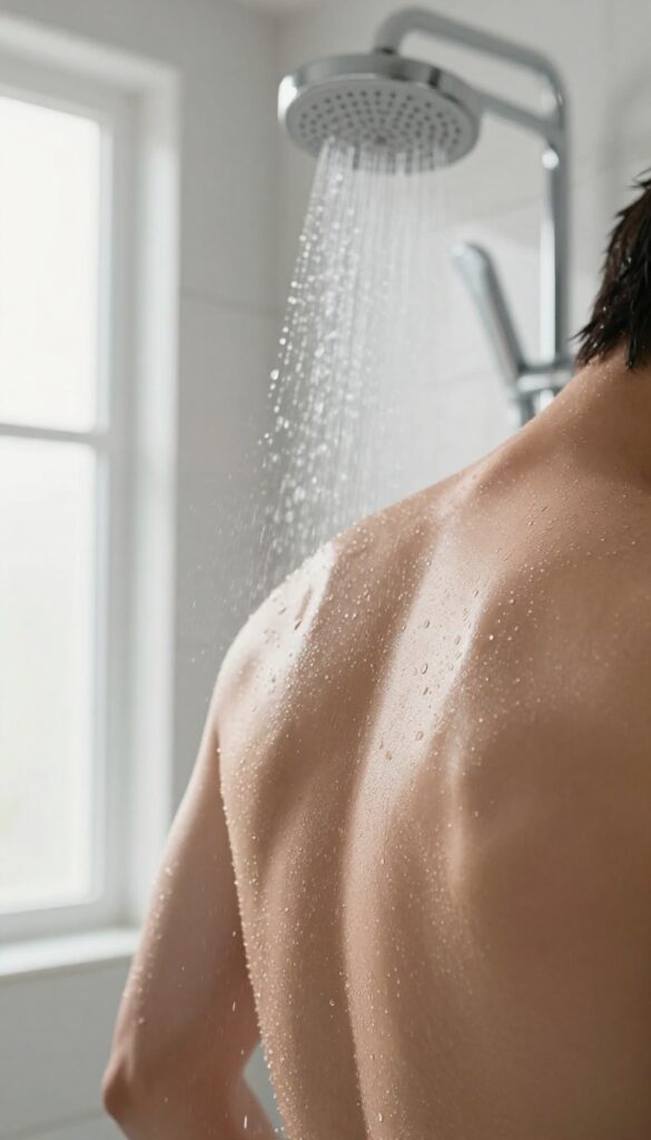 Person enjoying a cold rinse at the end of a shower, with water droplets on their shoulders