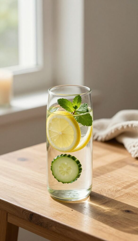 A glass water bottle with lemon, cucumber, and mint in natural sunlight on a wooden table with a candle and blanket in background.