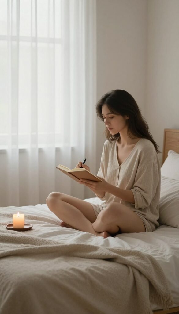 Woman reflecting on her day with a journal in a calm bedroom setting
