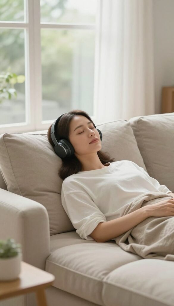 Woman relaxing on sofa listening to podcast with eyes closed, cozy living room setting