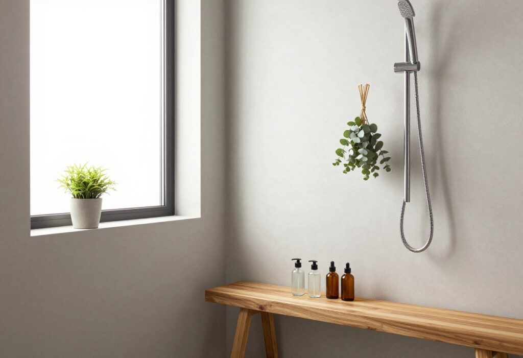 Spa-like shower with eucalyptus bundle, teak bench, glass bottles, and a small plant.