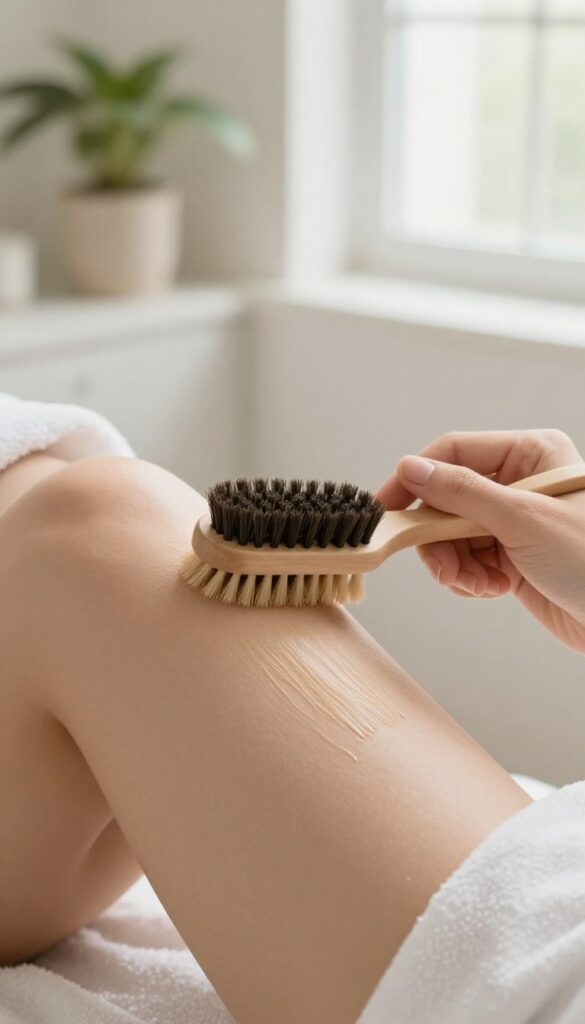 Woman dry brushing her arm with a natural-bristle brush in a bright, calm bathroom