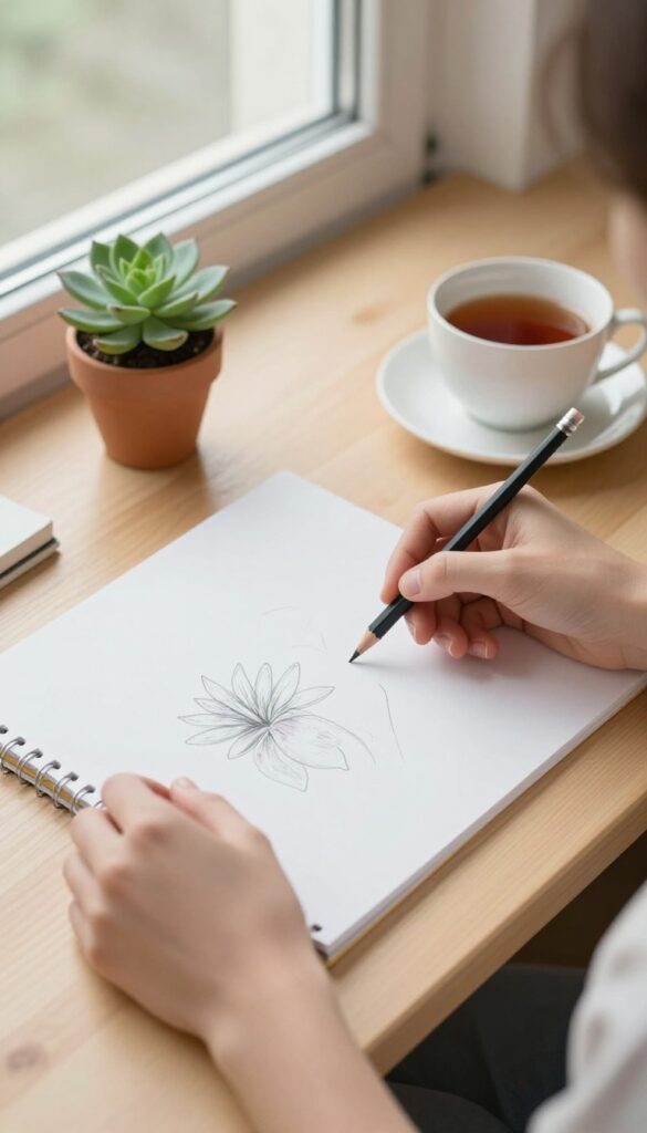 Person sketching in a notebook with pencil, surrounded by a plant and tea, warm natural light.