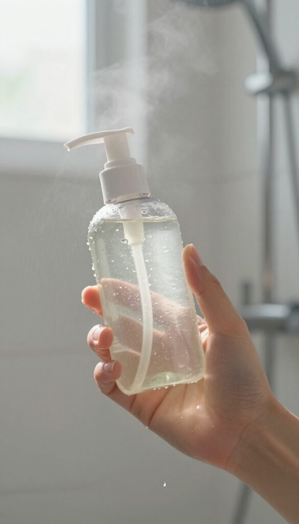 Peppermint shampoo bottle in a shower with water droplets and natural light