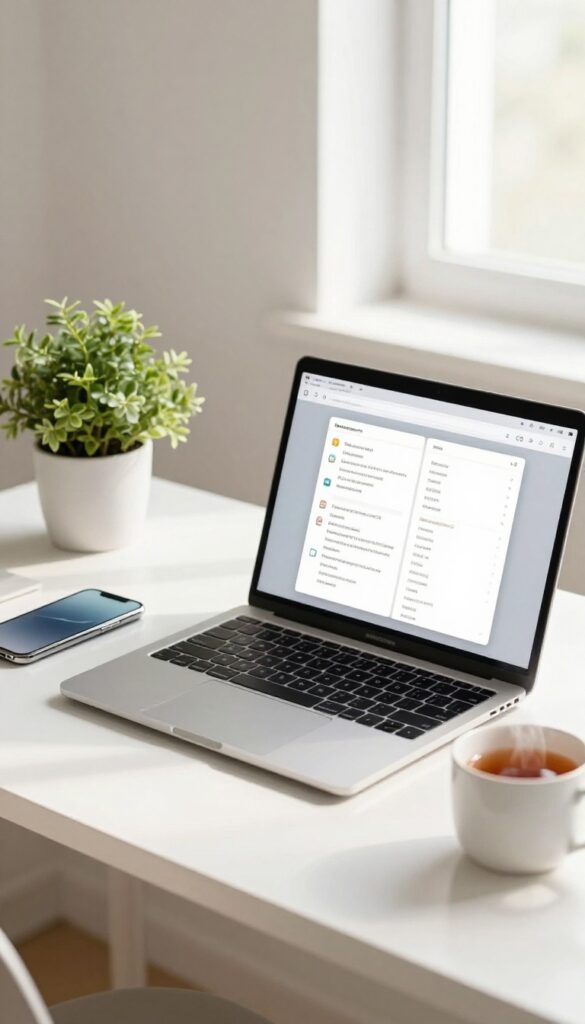 A tidy desk with a smartphone and laptop displaying organized digital spaces, alongside a plant and tea, evoking a calm digital declutter routine.