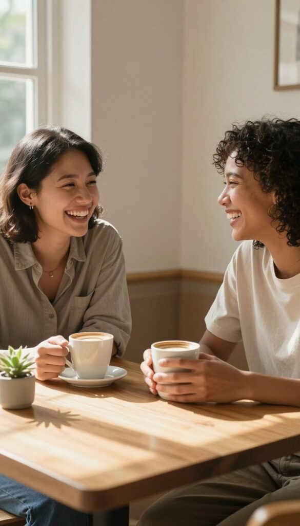 Two people laughing over coffee in a cozy sunlit café, representing a supportive relationship.