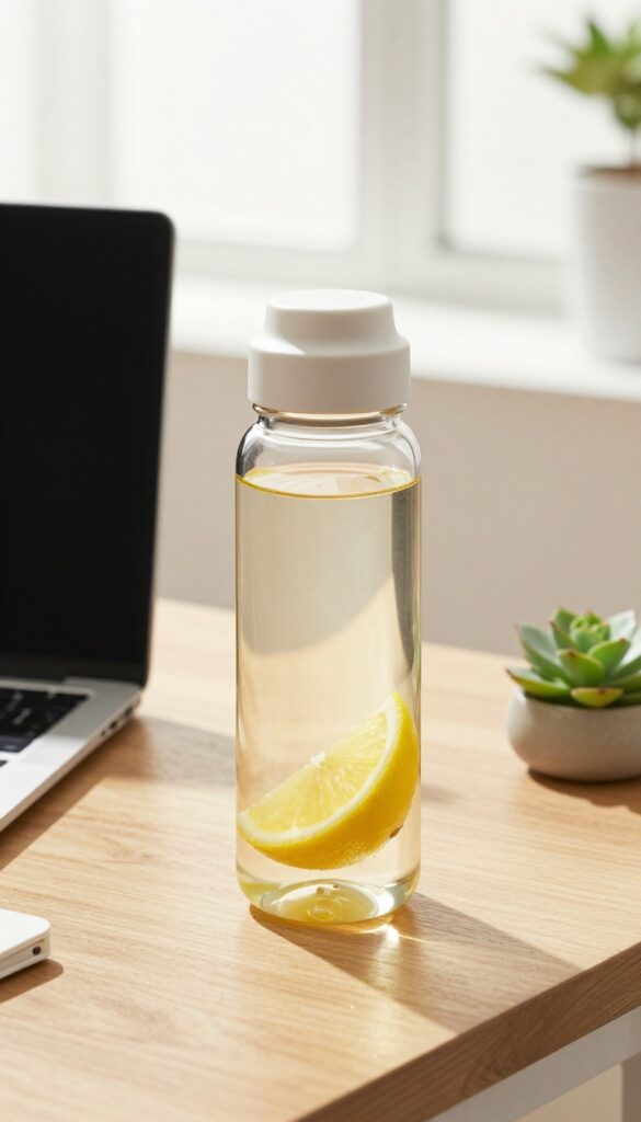Reusable water bottle with lemon on a desk in natural light