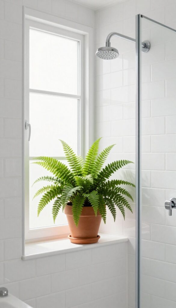 A small fern on a bathroom windowsill in a shower, soft natural light, clean tiles, serene spa vibe.
