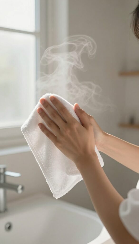Person patting skin dry with a towel in a bright bathroom after a shower