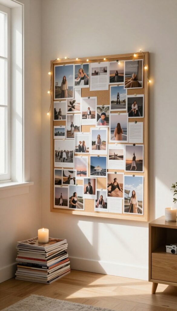 A vision board on a bedroom wall with magazine cutouts, fairy lights, and a candle, bathed in soft natural light.