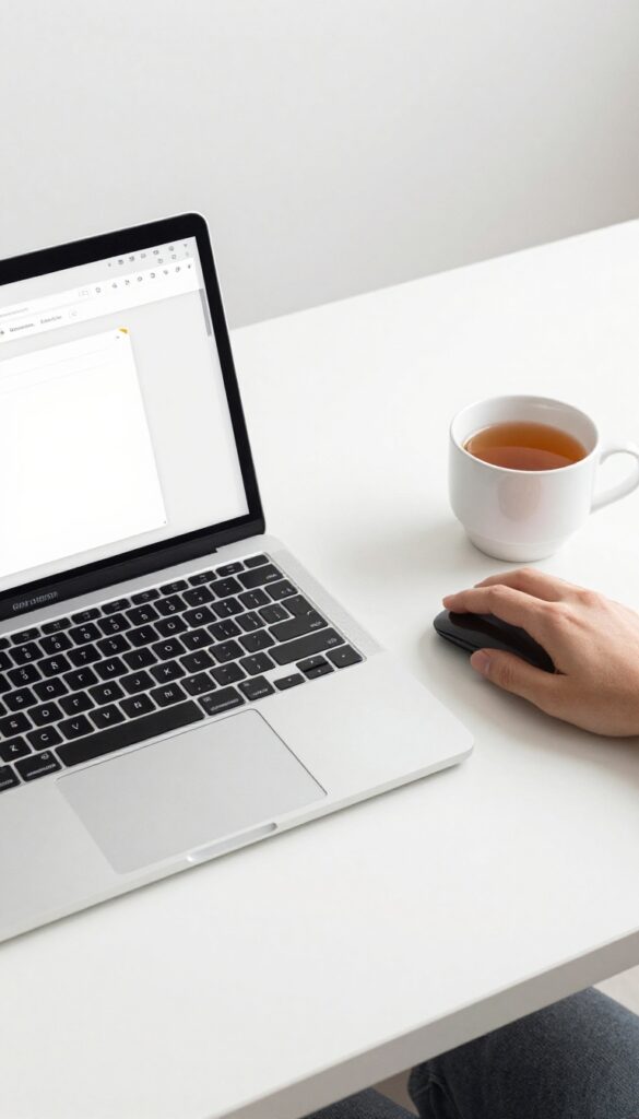 Person practicing the one-touch rule for emails at a tidy desk with a laptop and tea