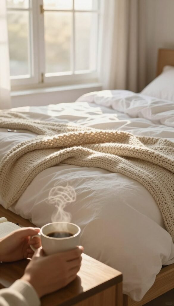 Cozy morning bedroom with sunlight, steaming coffee, and journal on nightstand