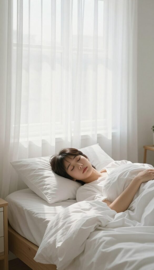 Person waking up naturally in a bright, peaceful bedroom without an alarm clock