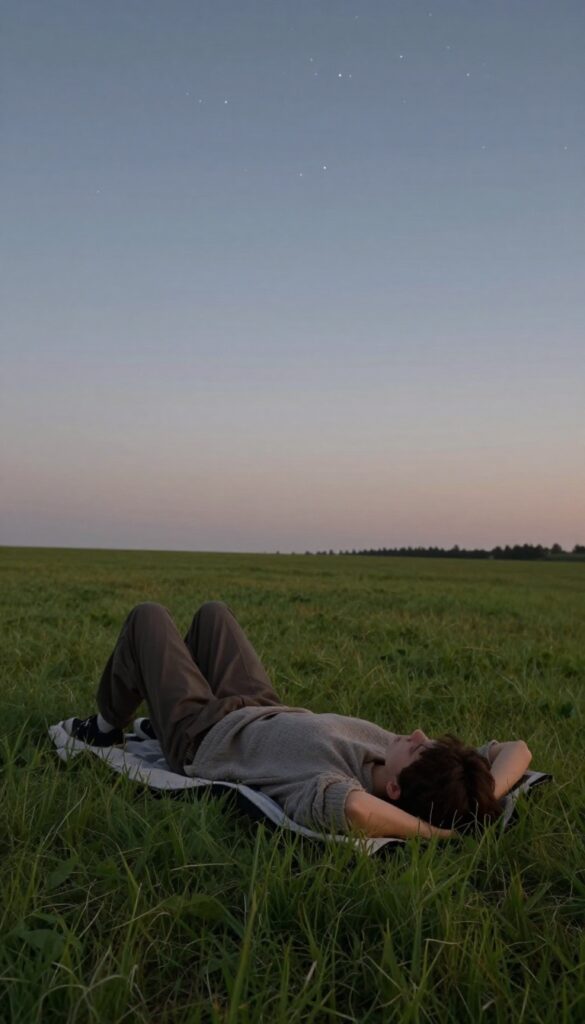 Person stargazing on a blanket in a field at dusk