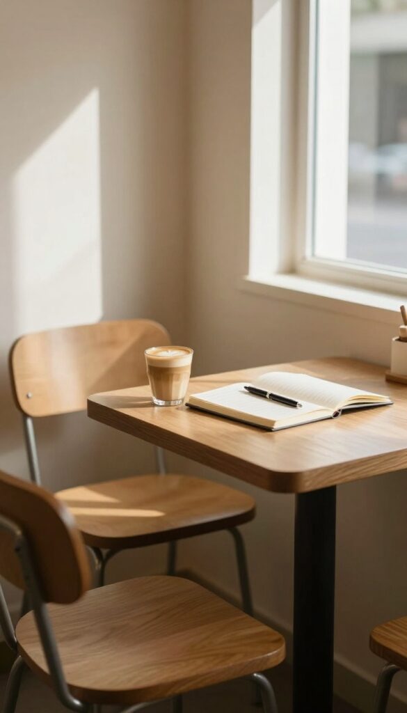 A quiet coffee shop corner with two chairs facing each other, a latte, and an open notebook, symbolizing a safe space for a difficult conversation.