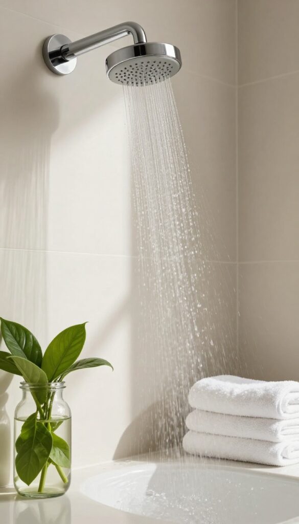 Modern shower filter attached to chrome shower head with clear water flowing, surrounded by fresh green leaves and white towels in a bright bathroom.