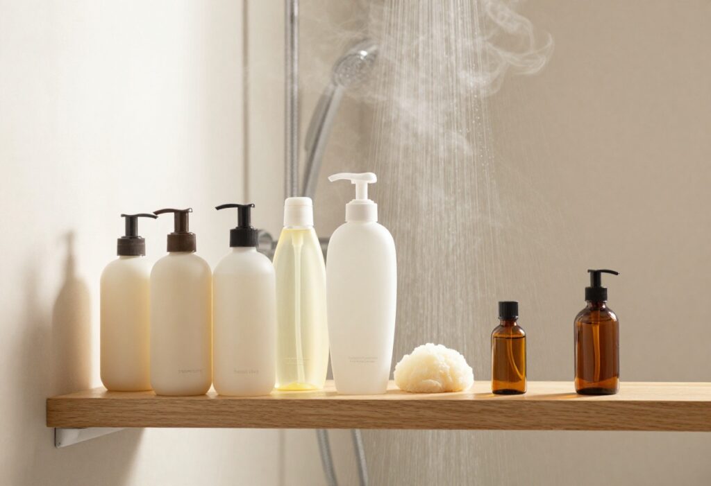 Steamy bathroom with shower and self-care products on a wooden shelf