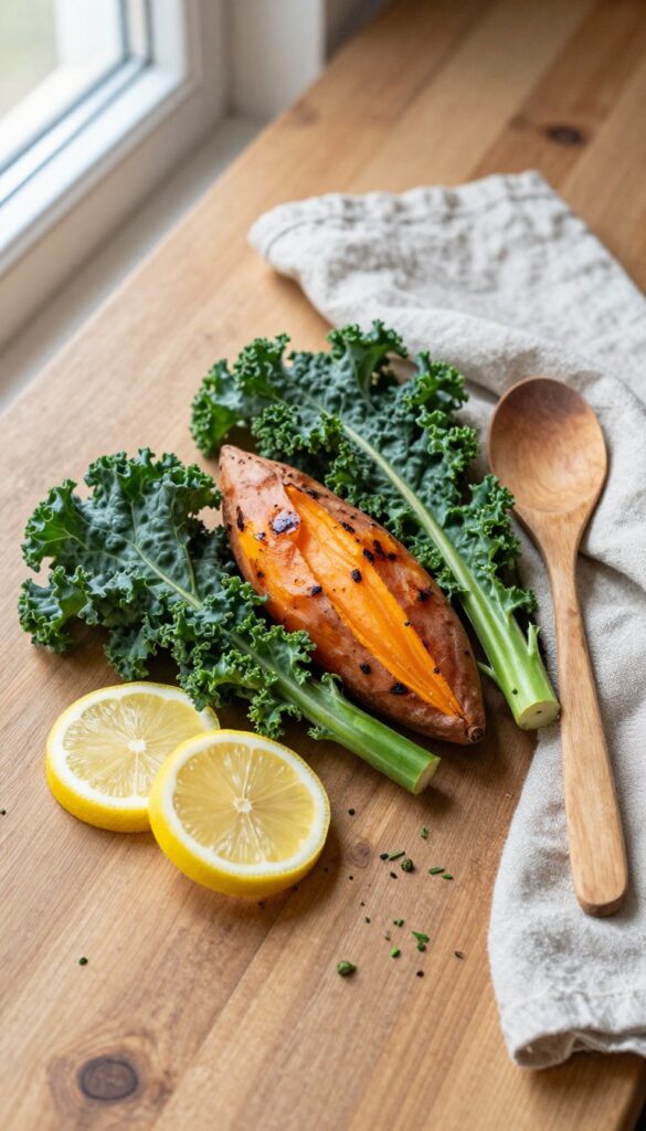 A colorful nourishing meal on a rustic wooden table with fresh ingredients and natural light.