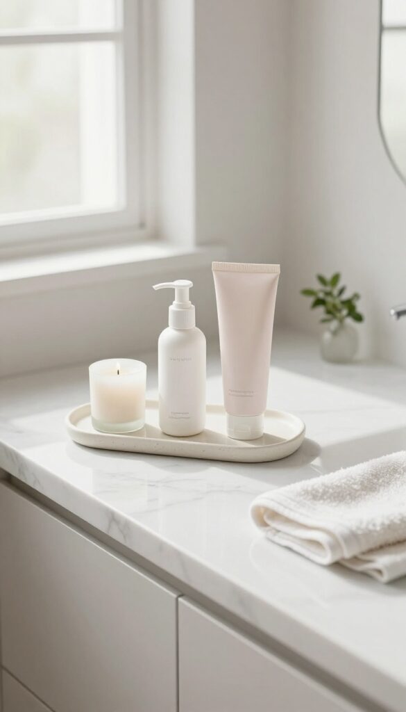 A simple skincare routine with cleanser, moisturizer, and sunscreen on a marble counter with a candle and plant.