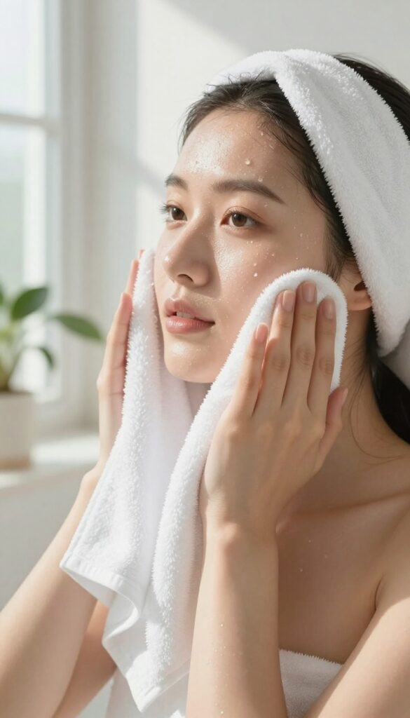 Woman patting face dry with soft towel after shower, glowing skin, natural light